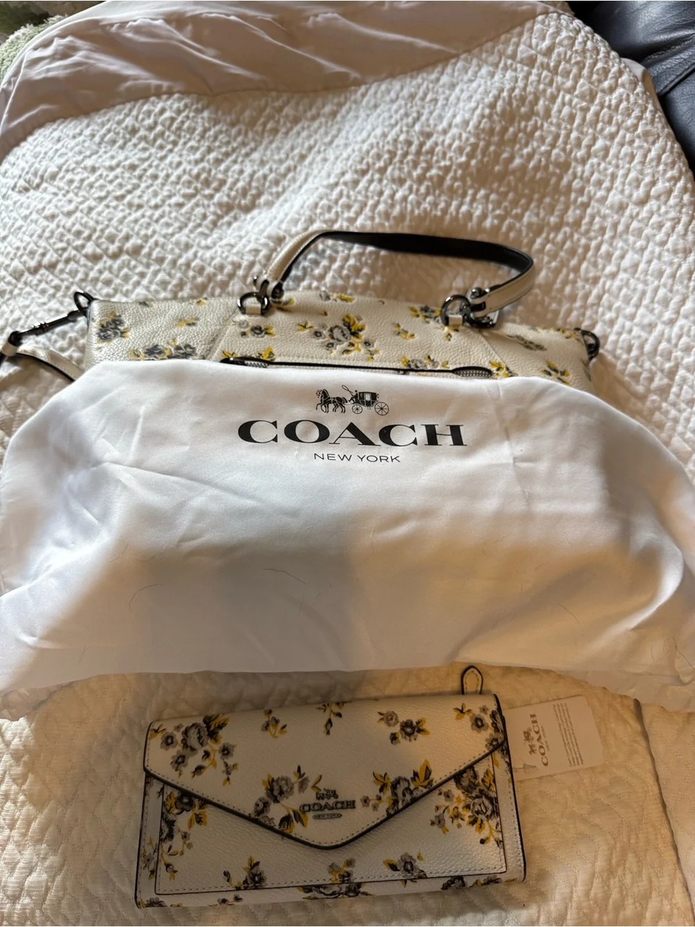 Coach NWT Floral Leather Satchel and Wallet Set in White/Yellow